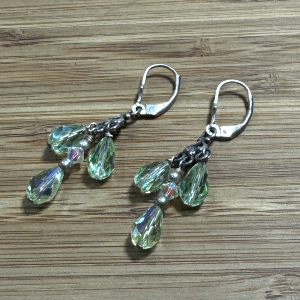 925 Sterling Silver Green AB Crystal Teardrop Dangle Leverback Earrings